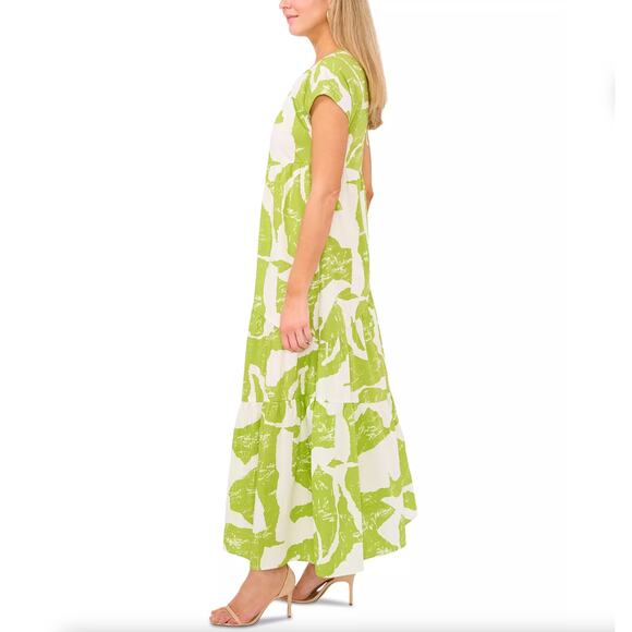 1. STATE Tiered Cotton Poplin Maxi Dress Green White Abstract Leaf Sz S {P34} - Picture 4 of 8